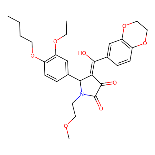 (4E)-5-(4-butoxy-3-ethoxyphenyl)-4-[2,3-dihydro-1,4-benzodioxin-6-yl(hydroxy)methylidene]-1-(2-methoxyethyl)pyrrolidine-2,3-dione structure