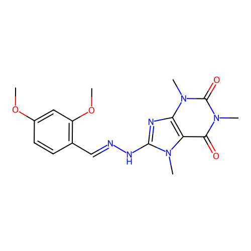 (E)-8-(2-(2,4-dimethoxybenzylidene)hydrazinyl)-1,3,7-trimethyl-1H-purine-2,6(3H,7H)-dione structure