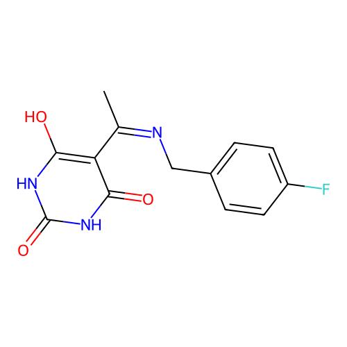 (5Z)-5-{1-[(4-fluorobenzyl)amino]ethylidene}-2,6-dihydroxypyrimidin-4(5H)-one structure