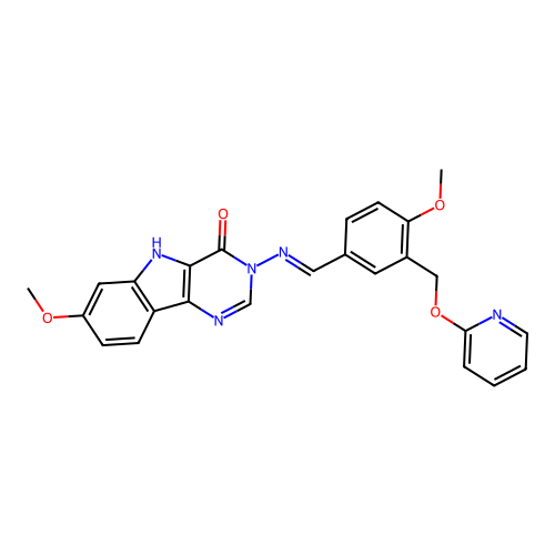 (E)-7-methoxy-3-((4-methoxy-3-((pyridin-2-yloxy)methyl)benzylidene)amino)-3H-pyrimido[5,4-b]indol-4(5H)-one structure