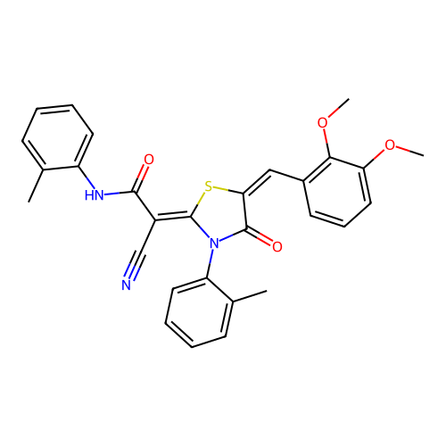 (2Z)-2-cyano-2-[(5E)-5-(2,3-dimethoxybenzylidene)-3-(2-methylphenyl)-4-oxo-1,3-thiazolidin-2-ylidene]-N-(2-methylphenyl)ethanamide structure