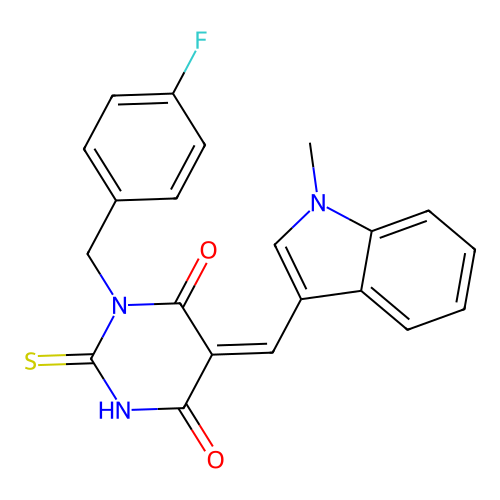 (Z)-1-(4-fluorobenzyl)-5-((1-methyl-1H-indol-3-yl)methylene)-2-thioxodihydropyrimidine-4,6(1H,5H)-dione structure