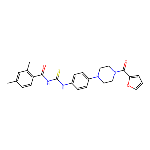 N-((4-(4-(furan-2-carbonyl)piperazin-1-yl)phenyl)carbamothioyl)-2,4-dimethylbenzamide structure