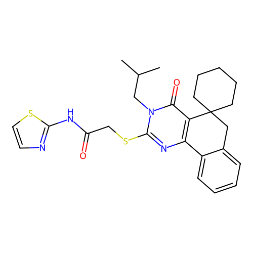 2-((3-isobutyl-4-oxo-4,6-dihydro-3H-spiro[benzo[h]quinazoline-5,1'-cyclohexan]-2-yl)thio)-N-(thiazol-2-yl)acetamide structure