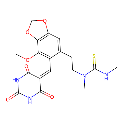 1-(2-{6-[(E)-(2,6-dihydroxy-4-oxopyrimidin-5(4H)-ylidene)methyl]-7-methoxy-1,3-benzodioxol-5-yl}ethyl)-1,3-dimethylthiourea structure