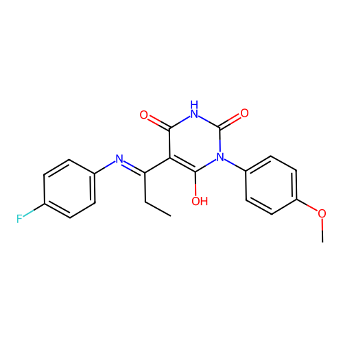 (E)-5-(1-((4-fluorophenyl)amino)propylidene)-1-(4-methoxyphenyl)pyrimidine-2,4,6(1H,3H,5H)-trione structure