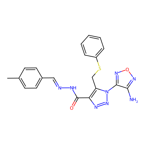 (E)-1-(4-amino-1,2,5-oxadiazol-3-yl)-N'-(4-methylbenzylidene)-5-((phenylthio)methyl)-1H-1,2,3-triazole-4-carbohydrazide structure