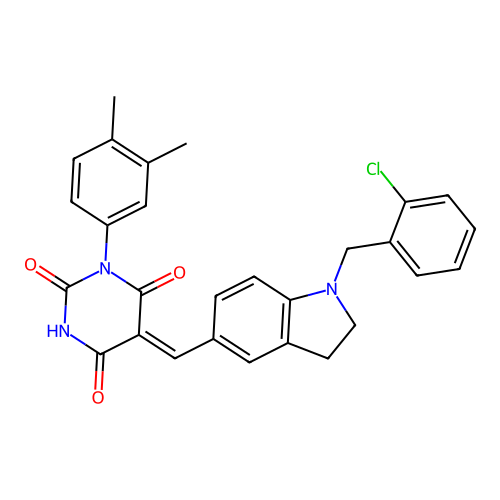 (5Z)-5-[[1-[(2-chlorophenyl)methyl]-2,3-dihydroindol-5-yl]methylidene]-1-(3,4-dimethylphenyl)-1,3-diazinane-2,4,6-trione structure