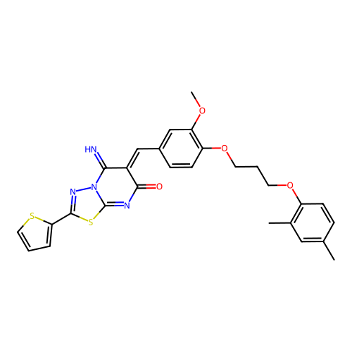 (6Z)-6-[[4-[3-(2,4-dimethylphenoxy)propoxy]-3-methoxyphenyl]methylidene]-5-imino-2-thiophen-2-yl-[1,3,4]thiadiazolo[3,2-a]pyrimidin-7-one structure