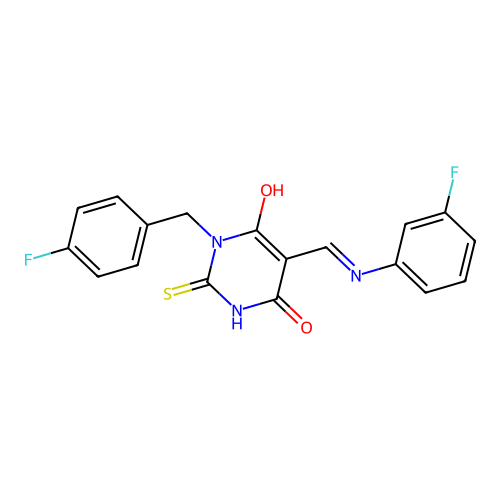 (5E)-1-(4-fluorobenzyl)-5-{[(3-fluorophenyl)amino]methylidene}-2-sulfanylpyrimidine-4,6(1H,5H)-dione structure