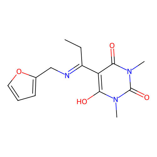 5-(1-((furan-2-ylmethyl)amino)propylidene)-1,3-dimethylpyrimidine-2,4,6(1H,3H,5H)-trione structure