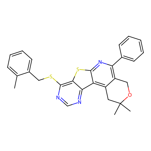 2,2-DIMETHYL-5-PHENYL-1,4-DIHYDRO-2H-PYRANO[4'',3'':4',5']PYRIDO[3',2':4,5]THIENO[3,2-D]PYRIMIDIN-8-YL (2-METHYLBENZYL) SULFIDE structure