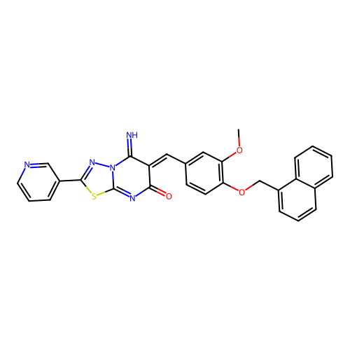 (6Z)-5-imino-6-[[3-methoxy-4-(naphthalen-1-ylmethoxy)phenyl]methylidene]-2-pyridin-3-yl-[1,3,4]thiadiazolo[3,2-a]pyrimidin-7-one structure