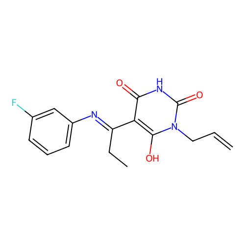(E)-1-allyl-5-(1-((3-fluorophenyl)amino)propylidene)pyrimidine-2,4,6(1H,3H,5H)-trione structure