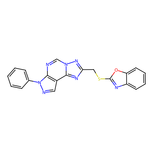 2-(((7-phenyl-7H-pyrazolo[4,3-e][1,2,4]triazolo[1,5-c]pyrimidin-2-yl)methyl)thio)benzo[d]oxazole structure