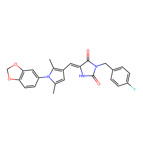 (Z)-5-((1-(benzo[d][1,3]dioxol-5-yl)-2,5-dimethyl-1H-pyrrol-3-yl)methylene)-3-(4-fluorobenzyl)imidazolidine-2,4-dione structure