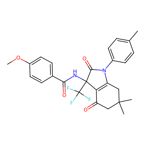 N-[6,6-dimethyl-1-(4-methylphenyl)-2,4-dioxo-3-(trifluoromethyl)-2,3,4,5,6,7-hexahydro-1H-indol-3-yl]-4-methoxybenzamide structure