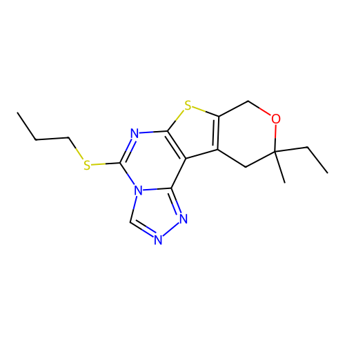 10-ethyl-10-methyl-5-(propylsulfanyl)-10,11-dihydro-8H-pyrano[4',3':4,5]thieno[3,2-e][1,2,4]triazolo[4,3-c]pyrimidine structure