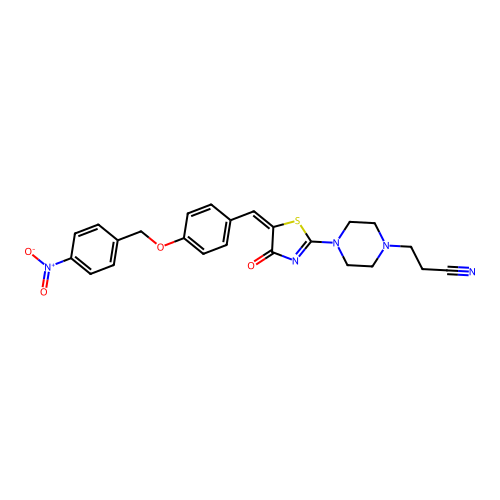 (E)-3-(4-(5-(4-((4-nitrobenzyl)oxy)benzylidene)-4-oxo-4,5-dihydrothiazol-2-yl)piperazin-1-yl)propanenitrile structure