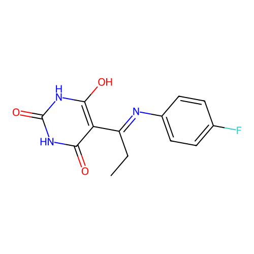 (5E)-5-{1-[(4-fluorophenyl)amino]propylidene}-2,6-dihydroxypyrimidin-4(5H)-one structure