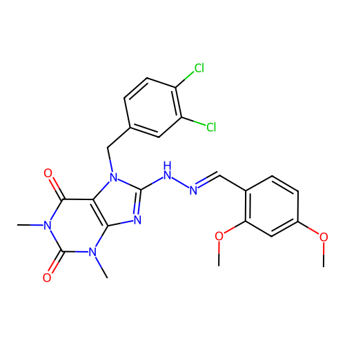 (E)-7-(3,4-dichlorobenzyl)-8-(2-(2,4-dimethoxybenzylidene)hydrazinyl)-1,3-dimethyl-1H-purine-2,6(3H,7H)-dione structure