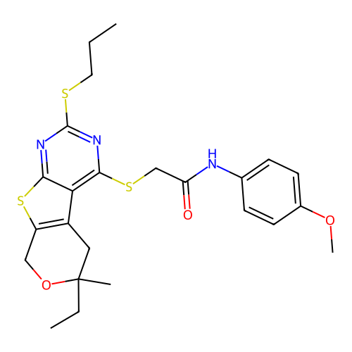 2-((6-ethyl-6-methyl-2-(propylthio)-6,8-dihydro-5H-pyrano[4',3':4,5]thieno[2,3-d]pyrimidin-4-yl)thio)-N-(4-methoxyphenyl)acetamide structure