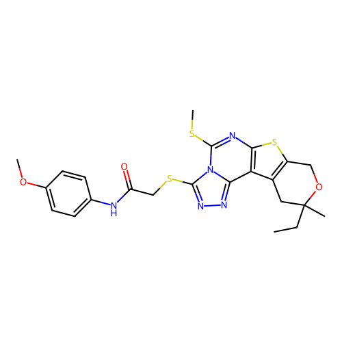 2-((10-ethyl-10-methyl-5-(methylthio)-10,11-dihydro-8H-pyrano[4',3':4,5]thieno[3,2-e][1,2,4]triazolo[4,3-c]pyrimidin-3-yl)thio)-N-(4-methoxyphenyl)acetamide structure