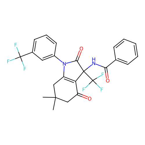 N-(6,6-dimethyl-2,4-dioxo-3-(trifluoromethyl)-1-(3-(trifluoromethyl)phenyl)-2,3,4,5,6,7-hexahydro-1H-indol-3-yl)benzamide structure
