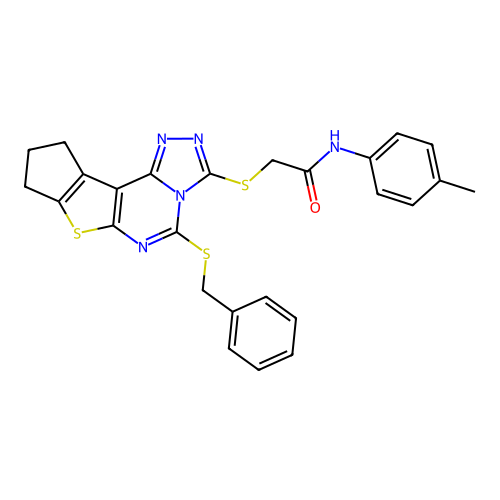 2-((5-(benzylthio)-9,10-dihydro-8H-cyclopenta[4,5]thieno[3,2-e][1,2,4]triazolo[4,3-c]pyrimidin-3-yl)thio)-N-(p-tolyl)acetamide structure