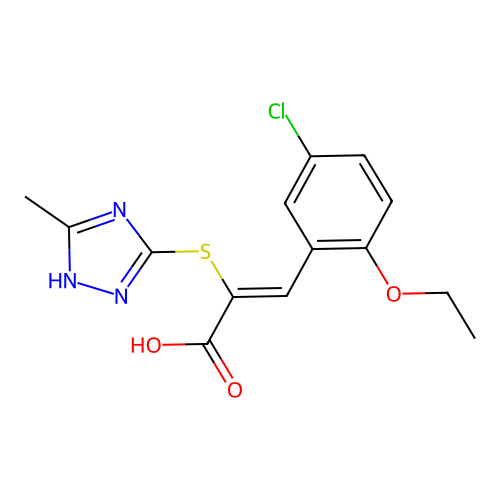 (Z)-3-(5-chloro-2-ethoxyphenyl)-2-((5-methyl-4H-1,2,4-triazol-3-yl)thio)acrylic acid structure