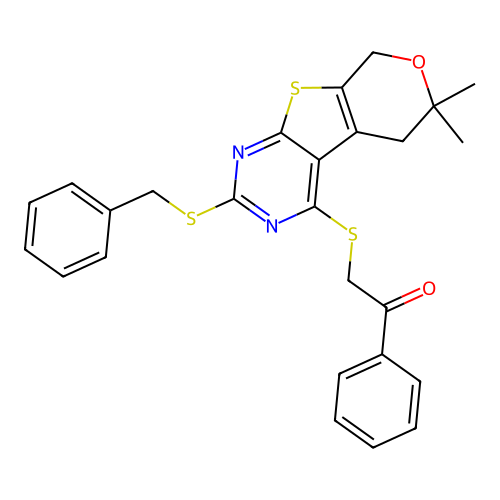 2-((2-(benzylthio)-6,6-dimethyl-6,8-dihydro-5H-pyrano[4',3':4,5]thieno[2,3-d]pyrimidin-4-yl)thio)-1-phenylethanone structure