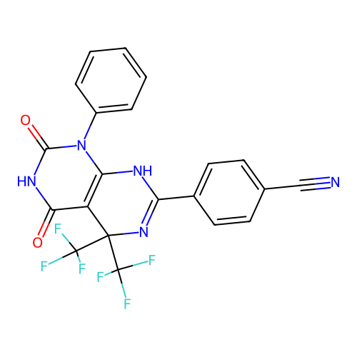 4-(5,7-dioxo-8-phenyl-4,4-bis(trifluoromethyl)-1,4,5,6,7,8-hexahydropyrimido[4,5-d]pyrimidin-2-yl)benzonitrile structure