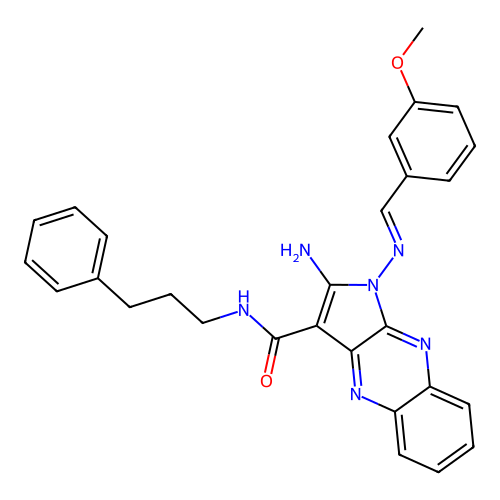 (E)-2-amino-1-((3-methoxybenzylidene)amino)-N-(3-phenylpropyl)-1H-pyrrolo[2,3-b]quinoxaline-3-carboxamide structure