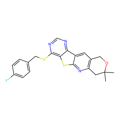4-[(4-fluorobenzyl)sulfanyl]-8,8-dimethyl-7,10-dihydro-8H-pyrano[3'',4'':5',6']pyrido[3',2':4,5]thieno[3,2-d]pyrimidine structure