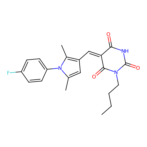 (5Z)-1-butyl-5-[[1-(4-fluorophenyl)-2,5-dimethylpyrrol-3-yl]methylidene]-1,3-diazinane-2,4,6-trione structure