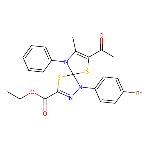 ethyl 7-acetyl-1-(4-bromophenyl)-8-methyl-9-phenyl-4,6-dithia-1,2,9-triazaspiro[4.4]nona-2,7-diene-3-carboxylate structure