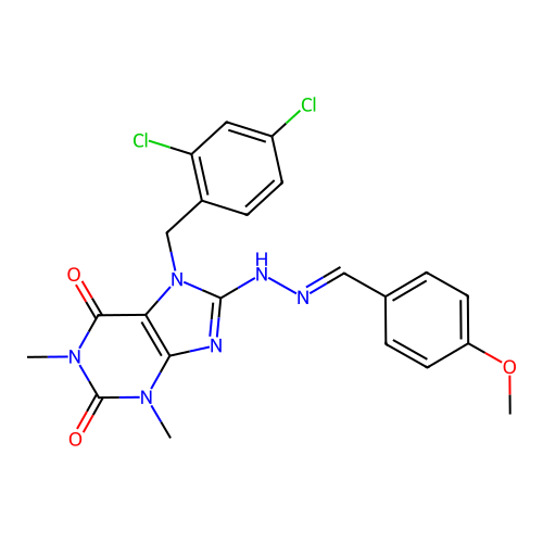 (E)-7-(2,4-dichlorobenzyl)-8-(2-(4-methoxybenzylidene)hydrazinyl)-1,3-dimethyl-1H-purine-2,6(3H,7H)-dione structure