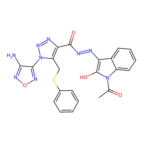 (Z)-N'-(1-acetyl-2-oxoindolin-3-ylidene)-1-(4-amino-1,2,5-oxadiazol-3-yl)-5-((phenylthio)methyl)-1H-1,2,3-triazole-4-carbohydrazide structure