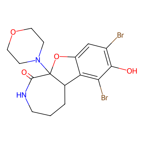 6,8-dibromo-7-hydroxy-10a-(4-morpholinyl)-3,4,5,5a-tetrahydro-2H-benzofuro[2,3-c]azepin-1-one structure