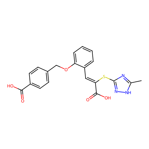 4-[(2-{(Z)-2-carboxy-2-[(5-methyl-4H-1,2,4-triazol-3-yl)sulfanyl]ethenyl}phenoxy)methyl]benzoic acid structure