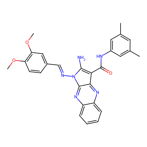 (E)-2-amino-1-((3,4-dimethoxybenzylidene)amino)-N-(3,5-dimethylphenyl)-1H-pyrrolo[2,3-b]quinoxaline-3-carboxamide structure