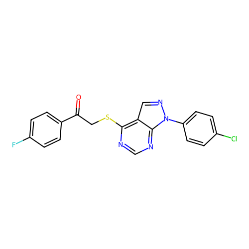 2-((1-(4-chlorophenyl)-1H-pyrazolo[3,4-d]pyrimidin-4-yl)thio)-1-(4-fluorophenyl)ethanone structure