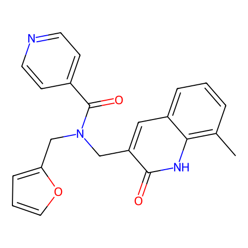 N-(furan-2-ylmethyl)-N-((2-hydroxy-8-methylquinolin-3-yl)methyl)isonicotinamide structure