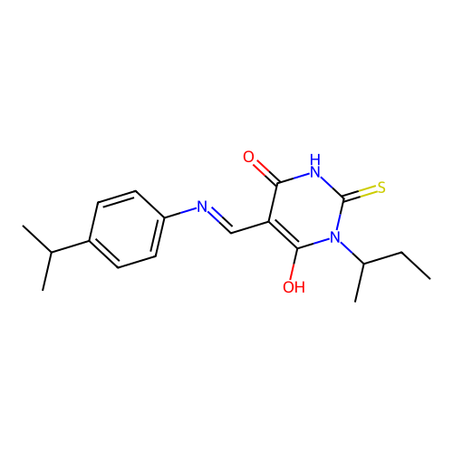 (Z)-1-(sec-butyl)-5-(((4-isopropylphenyl)amino)methylene)-2-thioxodihydropyrimidine-4,6(1H,5H)-dione structure