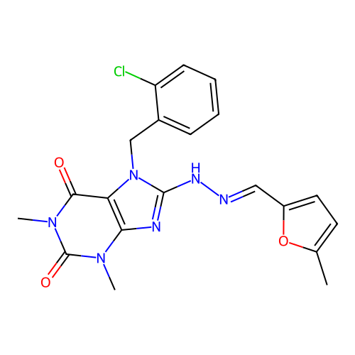 (E)-7-(2-chlorobenzyl)-1,3-dimethyl-8-(2-((5-methylfuran-2-yl)methylene)hydrazinyl)-1H-purine-2,6(3H,7H)-dione structure