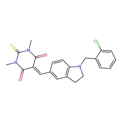 5-((1-(2-chlorobenzyl)indolin-5-yl)methylene)-1,3-dimethyl-2-thioxodihydropyrimidine-4,6(1H,5H)-dione structure