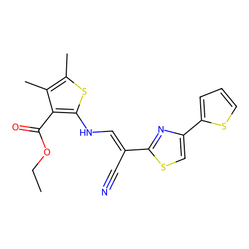 (E)-ethyl 2-((2-cyano-2-(4-(thiophen-2-yl)thiazol-2-yl)vinyl)amino)-4,5-dimethylthiophene-3-carboxylate structure