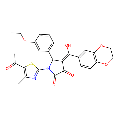 (4E)-1-(5-acetyl-4-methyl-1,3-thiazol-2-yl)-4-[2,3-dihydro-1,4-benzodioxin-6-yl(hydroxy)methylidene]-5-(3-ethoxyphenyl)pyrrolidine-2,3-dione structure