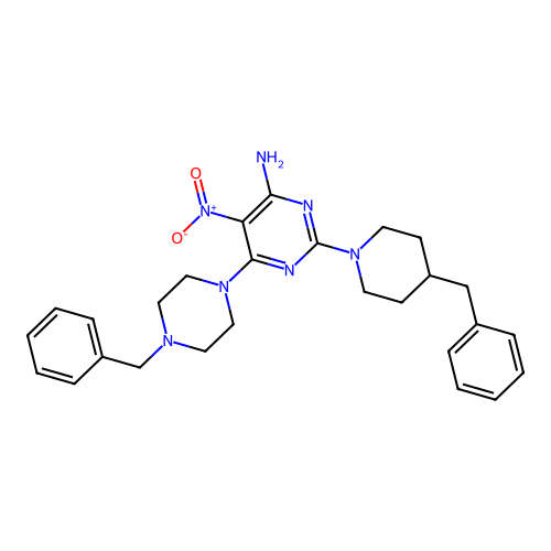 6-(4-Benzylpiperazin-1-yl)-2-(4-benzylpiperidin-1-yl)-5-nitropyrimidin-4-amine structure