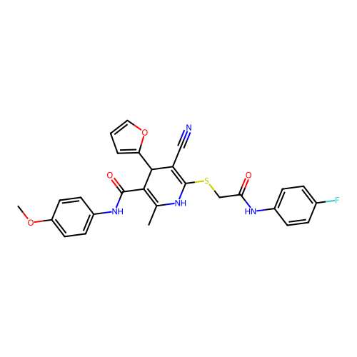 5-cyano-6-((2-((4-fluorophenyl)amino)-2-oxoethyl)thio)-4-(furan-2-yl)-N-(4-methoxyphenyl)-2-methyl-1,4-dihydropyridine-3-carboxamide structure